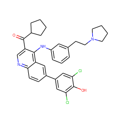 O=C(c1cnc2ccc(-c3cc(Cl)c(O)c(Cl)c3)cc2c1Nc1cccc(CCN2CCCC2)c1)C1CCCC1 ZINC000203987031