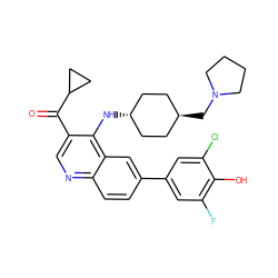 O=C(c1cnc2ccc(-c3cc(F)c(O)c(Cl)c3)cc2c1N[C@H]1CC[C@H](CN2CCCC2)CC1)C1CC1 ZINC000473152119