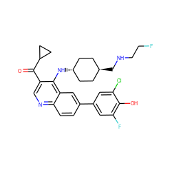 O=C(c1cnc2ccc(-c3cc(F)c(O)c(Cl)c3)cc2c1N[C@H]1CC[C@H](CNCCF)CC1)C1CC1 ZINC000473165267