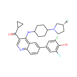 O=C(c1cnc2ccc(-c3cc(F)c(O)c(Cl)c3)cc2c1NC1CCC(N2CC[C@@H](F)C2)CC1)C1CC1 ZINC000203984583