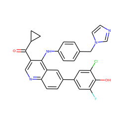 O=C(c1cnc2ccc(-c3cc(F)c(O)c(Cl)c3)cc2c1Nc1ccc(Cn2ccnc2)cc1)C1CC1 ZINC000203987051