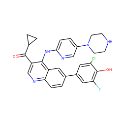 O=C(c1cnc2ccc(-c3cc(F)c(O)c(Cl)c3)cc2c1Nc1ccc(N2CCNCC2)cn1)C1CC1 ZINC000114039140