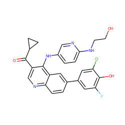 O=C(c1cnc2ccc(-c3cc(F)c(O)c(Cl)c3)cc2c1Nc1ccc(NCCO)nc1)C1CC1 ZINC000114036929