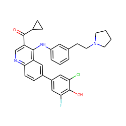 O=C(c1cnc2ccc(-c3cc(F)c(O)c(Cl)c3)cc2c1Nc1cccc(CCN2CCCC2)c1)C1CC1 ZINC000114034851