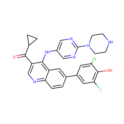 O=C(c1cnc2ccc(-c3cc(F)c(O)c(Cl)c3)cc2c1Nc1cnc(N2CCNCC2)nc1)C1CC1 ZINC000203987866