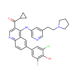 O=C(c1cnc2ccc(-c3cc(F)c(O)c(Cl)c3)cc2c1Nc1cncc(CCN2CCCC2)c1)C1CC1 ZINC000203986383