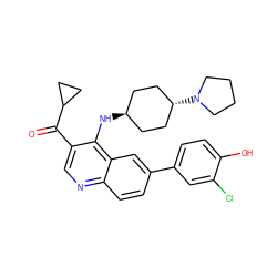 O=C(c1cnc2ccc(-c3ccc(O)c(Cl)c3)cc2c1N[C@H]1CC[C@H](N2CCCC2)CC1)C1CC1 ZINC000473200810