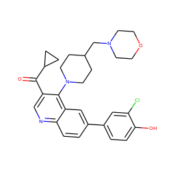 O=C(c1cnc2ccc(-c3ccc(O)c(Cl)c3)cc2c1N1CCC(CN2CCOCC2)CC1)C1CC1 ZINC000114036986