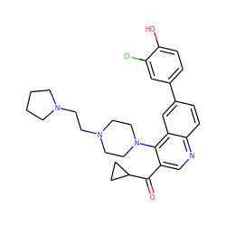 O=C(c1cnc2ccc(-c3ccc(O)c(Cl)c3)cc2c1N1CCN(CCN2CCCC2)CC1)C1CC1 ZINC000203981910