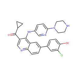 O=C(c1cnc2ccc(-c3ccc(O)c(Cl)c3)cc2c1Nc1ccc(N2CCNCC2)nc1)C1CC1 ZINC000219859789