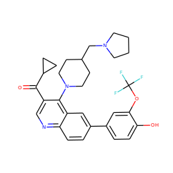 O=C(c1cnc2ccc(-c3ccc(O)c(OC(F)(F)F)c3)cc2c1N1CCC(CN2CCCC2)CC1)C1CC1 ZINC000114035045