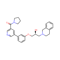 O=C(c1cncc(-c2cccc(OC[C@@H](O)CN3CCc4ccccc4C3)c2)c1)N1CCCC1 ZINC000220891820