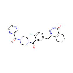 O=C(c1cnccn1)N1CCN(C(=O)c2cc(Cc3n[nH]c(=O)c4c3CCCC4)ccc2F)CC1 ZINC000147755943