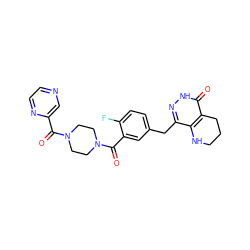 O=C(c1cnccn1)N1CCN(C(=O)c2cc(Cc3n[nH]c(=O)c4c3NCCC4)ccc2F)CC1 ZINC000148167399