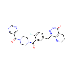 O=C(c1cncnc1)N1CCN(C(=O)c2cc(Cc3n[nH]c(=O)c4c3NCCC4)ccc2F)CC1 ZINC000148102109