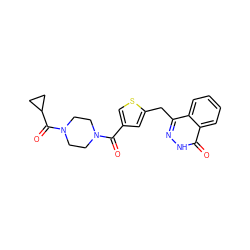 O=C(c1csc(Cc2n[nH]c(=O)c3ccccc23)c1)N1CCN(C(=O)C2CC2)CC1 ZINC000299825179