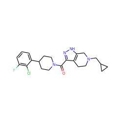 O=C(c1n[nH]c2c1CCN(CC1CC1)C2)N1CCC(c2cccc(F)c2Cl)CC1 ZINC001772629192