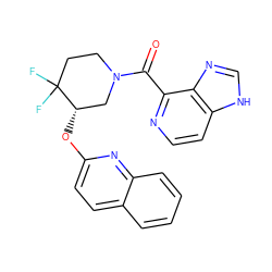 O=C(c1nccc2[nH]cnc12)N1CCC(F)(F)[C@@H](Oc2ccc3ccccc3n2)C1 ZINC000149535547