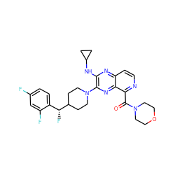 O=C(c1nccc2nc(NC3CC3)c(N3CCC([C@H](F)c4ccc(F)cc4F)CC3)nc12)N1CCOCC1 ZINC000653677672