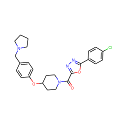 O=C(c1nnc(-c2ccc(Cl)cc2)o1)N1CCC(Oc2ccc(CN3CCCC3)cc2)CC1 ZINC000653724642