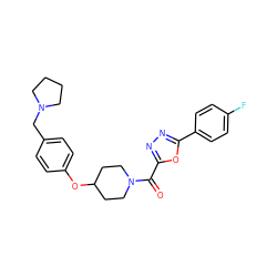 O=C(c1nnc(-c2ccc(F)cc2)o1)N1CCC(Oc2ccc(CN3CCCC3)cc2)CC1 ZINC000653726159