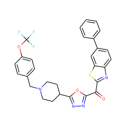 O=C(c1nnc(C2CCN(Cc3ccc(OC(F)(F)F)cc3)CC2)o1)c1nc2ccc(-c3ccccc3)cc2s1 ZINC000146942735