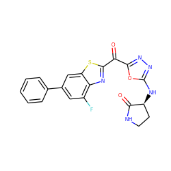 O=C(c1nnc(N[C@H]2CCNC2=O)o1)c1nc2c(F)cc(-c3ccccc3)cc2s1 ZINC001772597698