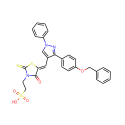 O=C1/C(=C/c2cn(-c3ccccc3)nc2-c2ccc(OCc3ccccc3)cc2)SC(=S)N1CCS(=O)(=O)O ZINC000049670037