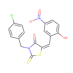 O=C1/C(=C\c2cc([N+](=O)[O-])ccc2O)SC(=S)N1Cc1ccc(Cl)cc1 ZINC000012473623