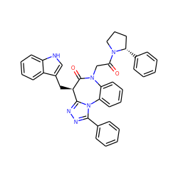 O=C1[C@H](Cc2c[nH]c3ccccc23)c2nnc(-c3ccccc3)n2-c2ccccc2N1CC(=O)N1CCC[C@@H]1c1ccccc1 ZINC000084619749