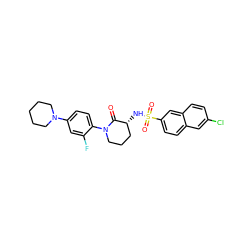 O=C1[C@H](NS(=O)(=O)c2ccc3cc(Cl)ccc3c2)CCCN1c1ccc(N2CCCCC2)cc1F ZINC000029125975