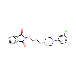 O=C1[C@H]2[C@H]3C=C[C@@H](C3)[C@H]2C(=O)N1OCCCN1CCN(c2cccc(Cl)c2)CC1 ZINC000101021546