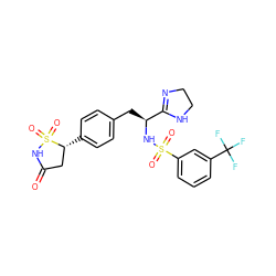 O=C1C[C@@H](c2ccc(C[C@H](NS(=O)(=O)c3cccc(C(F)(F)F)c3)C3=NCCN3)cc2)S(=O)(=O)N1 ZINC000028977375