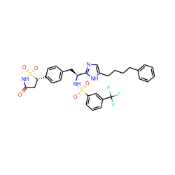 O=C1C[C@@H](c2ccc(C[C@H](NS(=O)(=O)c3cccc(C(F)(F)F)c3)c3ncc(CCCCc4ccccc4)[nH]3)cc2)S(=O)(=O)N1 ZINC000028977852