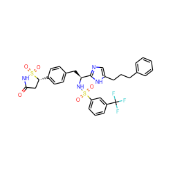 O=C1C[C@@H](c2ccc(C[C@H](NS(=O)(=O)c3cccc(C(F)(F)F)c3)c3ncc(CCCc4ccccc4)[nH]3)cc2)S(=O)(=O)N1 ZINC000028977832