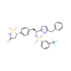 O=C1C[C@@H](c2ccc(C[C@H](NS(=O)(=O)c3cccc(C(F)(F)F)c3)c3ncc(Cc4ccccc4)[nH]3)cc2)S(=O)(=O)N1 ZINC000028977785