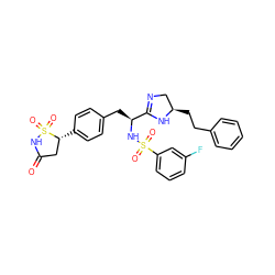 O=C1C[C@@H](c2ccc(C[C@H](NS(=O)(=O)c3cccc(F)c3)C3=NC[C@@H](CCc4ccccc4)N3)cc2)S(=O)(=O)N1 ZINC000028977614