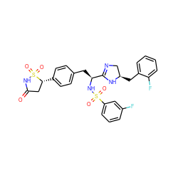 O=C1C[C@@H](c2ccc(C[C@H](NS(=O)(=O)c3cccc(F)c3)C3=NC[C@@H](Cc4ccccc4F)N3)cc2)S(=O)(=O)N1 ZINC000028977589