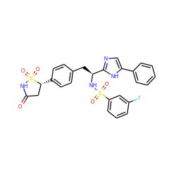 O=C1C[C@@H](c2ccc(C[C@H](NS(=O)(=O)c3cccc(F)c3)c3ncc(-c4ccccc4)[nH]3)cc2)S(=O)(=O)N1 ZINC000028977906