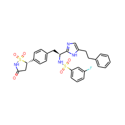 O=C1C[C@@H](c2ccc(C[C@H](NS(=O)(=O)c3cccc(F)c3)c3ncc(CCc4ccccc4)[nH]3)cc2)S(=O)(=O)N1 ZINC000028978033