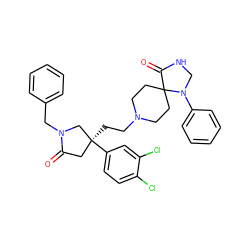 O=C1C[C@](CCN2CCC3(CC2)C(=O)NCN3c2ccccc2)(c2ccc(Cl)c(Cl)c2)CN1Cc1ccccc1 ZINC000049881609