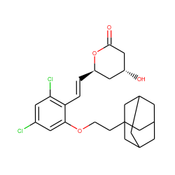 O=C1C[C@H](O)C[C@@H](/C=C/c2c(Cl)cc(Cl)cc2OCCC23CC4CC(CC(C4)C2)C3)O1 ZINC000029411777