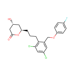 O=C1C[C@H](O)C[C@@H](CCCc2c(Cl)cc(Cl)cc2COc2ccc(F)cc2)O1 ZINC000095555868