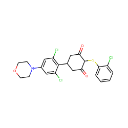 O=C1CC(c2c(Cl)cc(N3CCOCC3)cc2Cl)CC(=O)C1Sc1ccccc1Cl ZINC000473123038