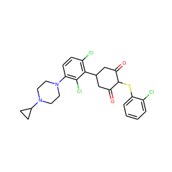 O=C1CC(c2c(Cl)ccc(N3CCN(C4CC4)CC3)c2Cl)CC(=O)C1Sc1ccccc1Cl ZINC000473127222