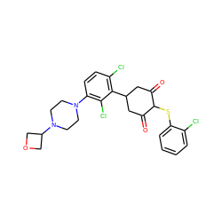 O=C1CC(c2c(Cl)ccc(N3CCN(C4COC4)CC3)c2Cl)CC(=O)C1Sc1ccccc1Cl ZINC000473123157