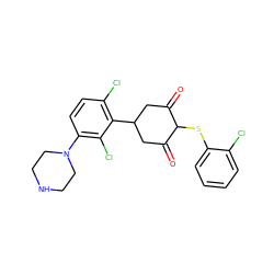 O=C1CC(c2c(Cl)ccc(N3CCNCC3)c2Cl)CC(=O)C1Sc1ccccc1Cl ZINC000473124171