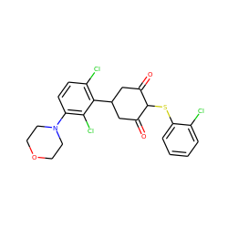 O=C1CC(c2c(Cl)ccc(N3CCOCC3)c2Cl)CC(=O)C1Sc1ccccc1Cl ZINC000473122987