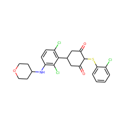 O=C1CC(c2c(Cl)ccc(NC3CCOCC3)c2Cl)CC(=O)C1Sc1ccccc1Cl ZINC000263620312