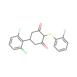 O=C1CC(c2c(F)cccc2Cl)CC(=O)C1Sc1ccccc1Cl ZINC000299830587